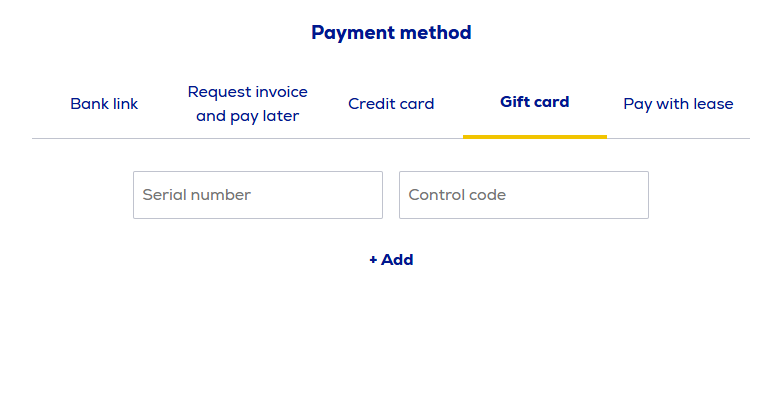 Screenshot showing where to enter gift card information
