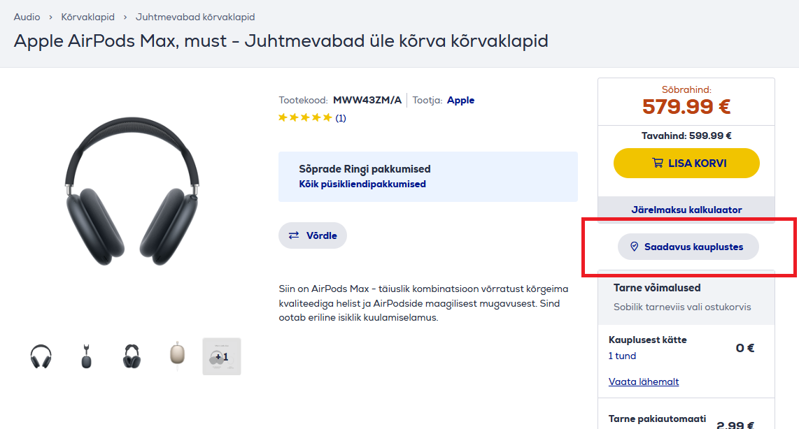 Kuvatõmmis, mis näitab tootepõhisel lehel saadavust kauplustes