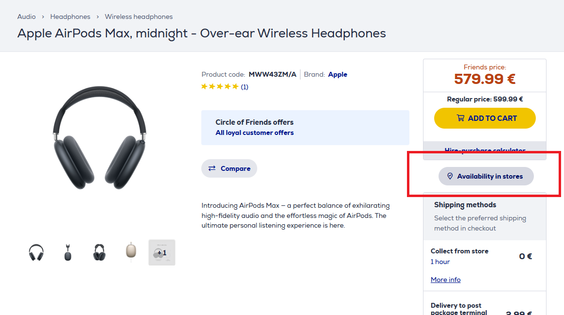 Screenshot showing 'Availability in stores' on product page