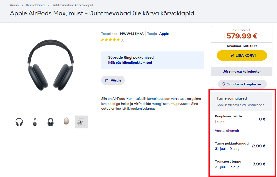 Kuvatõmmis, mis toob esile tarneaja tootepõhisel lehel