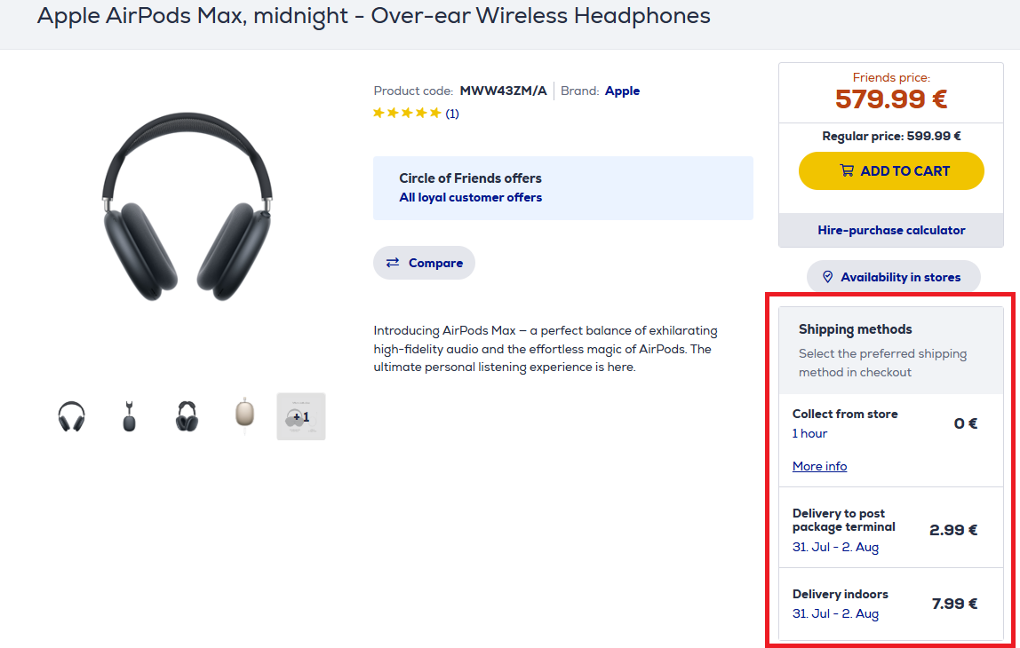 Screenshot highlighting delivery time on the product page