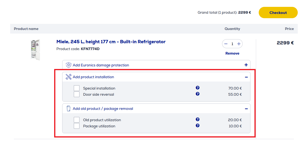 Screenshot highlighting how to select additional services