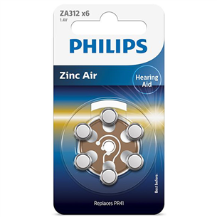 Philips Zinc Air, ZA312/PR41, 1.4 V, 6 pcs - Battery ZA312B6A/00