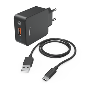 Hama Quick Charger With USB-C cable, 19,5W, 1,5m, must - Laadimisadapter kaabliga 00201625