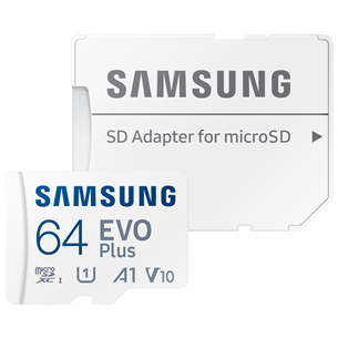Samsung EVO Plus, microSDXC, 64 ГБ, белый - Карта памяти и адаптер MB-MC64SA/EU