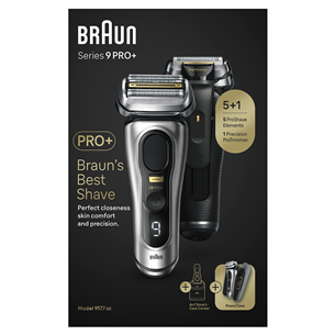 Braun Series 9 Pro+ Wet & Dry, 6-ühes SmartCare keskus ja PowerCase reisikarp, hõbedane - Pardel