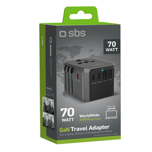 SBS GaN universal travel adapter, 70 W, must - Vooluadapter