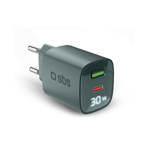 SBS LCD Wall Charger, USB-A, USB-C, LCD, 30 W, helesinine - Laadija