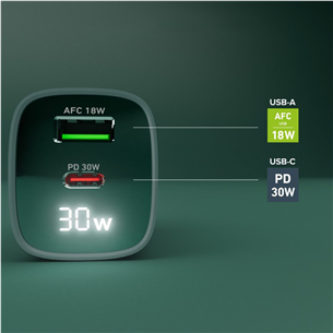 SBS LCD Wall Charger, USB-A, USB-C, LCD, 30 W, helesinine - Laadija