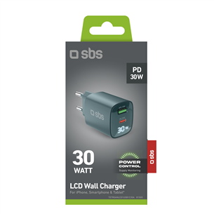 SBS LCD Wall Charger, USB-A, USB-C, LCD, 30 W, helesinine - Laadija