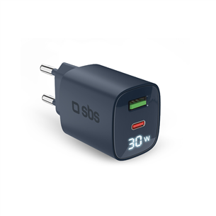 SBS LCD Wall Charger, USB-A, USB-C, LCD, 30 W, blue - Wall charger TETRGANLCD1USB1C30B