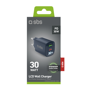 SBS LCD Wall Charger, USB-A, USB-C, LCD, 30 W, sinine - Laadija