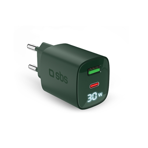 SBS LCD Wall Charger, USB-A, USB-C, LCD, 30 Вт, зеленый - Зарядное устройство