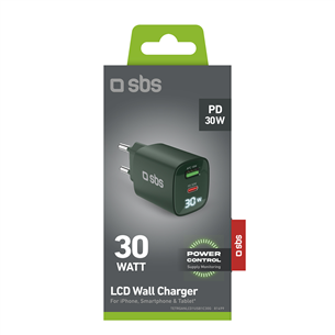 SBS LCD Wall Charger, USB-A, USB-C, LCD, 30 W, green - Wall charger