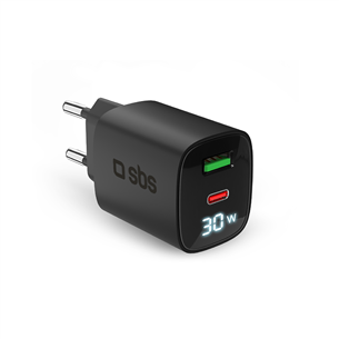 SBS LCD Wall Charger, USB-A, USB-C, LCD, 30 W, must - Laadija TETRGANLCD1USB1C30K