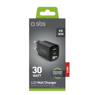 SBS LCD Wall Charger, USB-A, USB-C, LCD, 30 W, must - Laadija