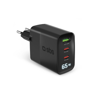 SBS LCD Wall Charger, USB-A, 2x USB-C, LCD, 65 W, must - Laadija TETRGANLCD1USB2C65K