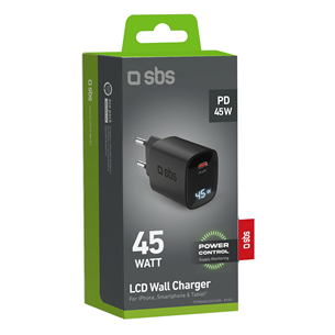 SBS LCD Wall Charger, USB-C, LCD, 45 W, must - Laadija